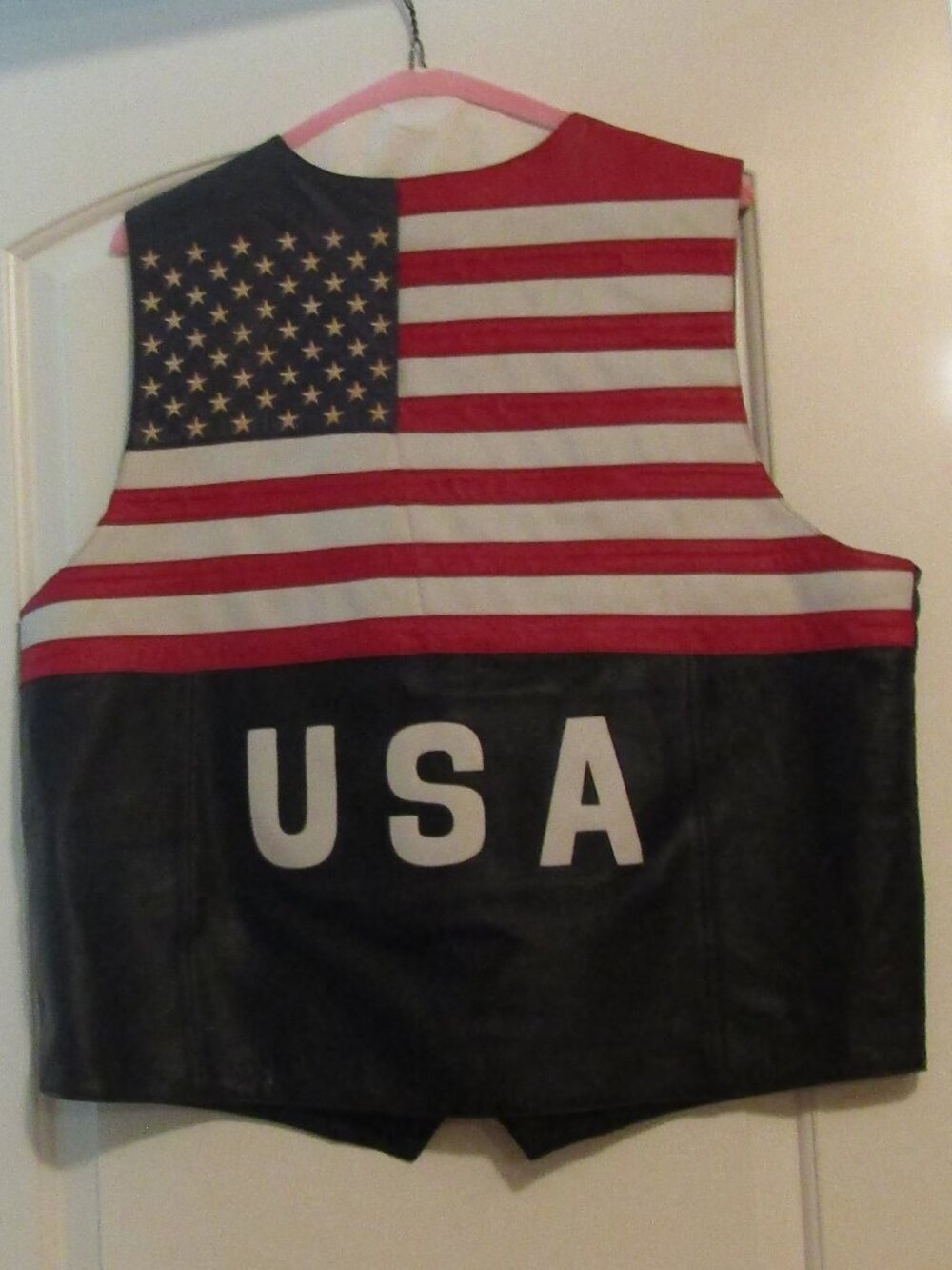 High Quality Vintage MOB Black LEATHER BIKER'S VEST Size 3XL USA FLAG on Back